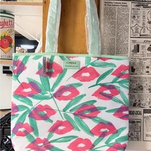 Clinique Vibrant Floral Tote - Pink and Green